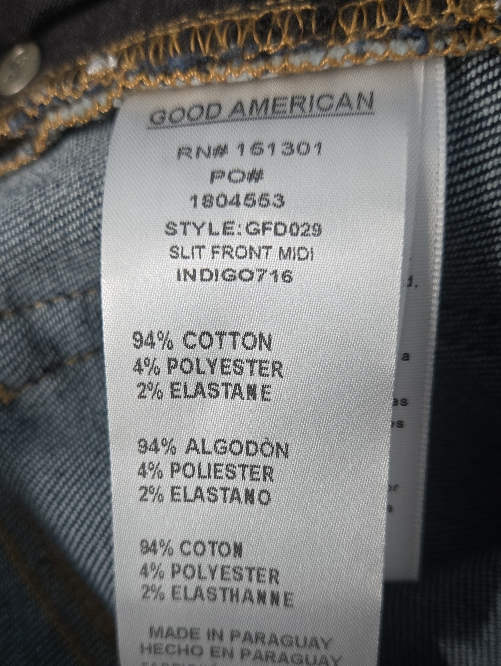 GOOD AMERICAN Slit Front Midi Jean Skirt Dark Blue Indigo 5 Pocket Sz 12 / 31 - Picture 11 of 11